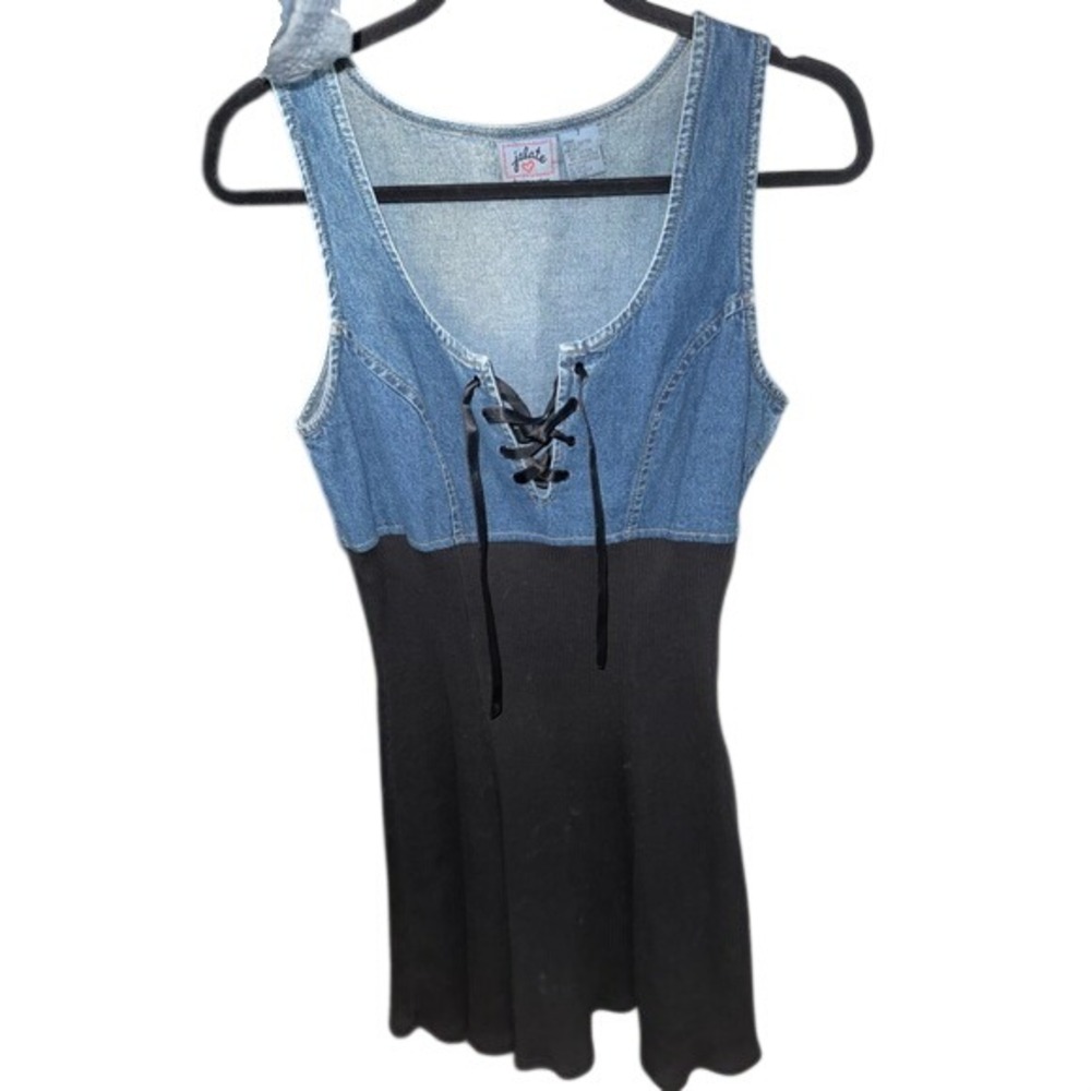 Vintage Jalate Denim Wear Lace Up Mixed Media Mini Dress Blue Black Womens 7